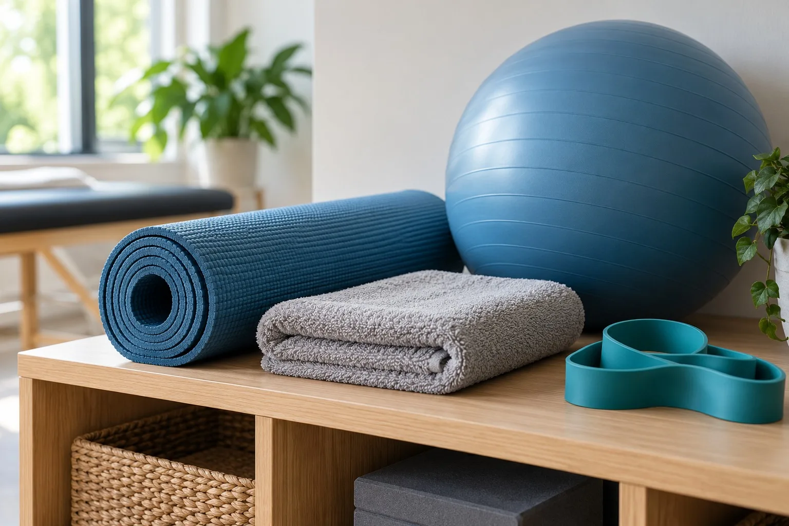 Gerollte Übungsmatte und gefaltetes Handtuch neben einfachen Trainingsmaterialien.